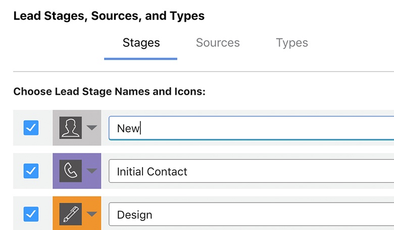 Customizable Lead Stages, Sources and Types
