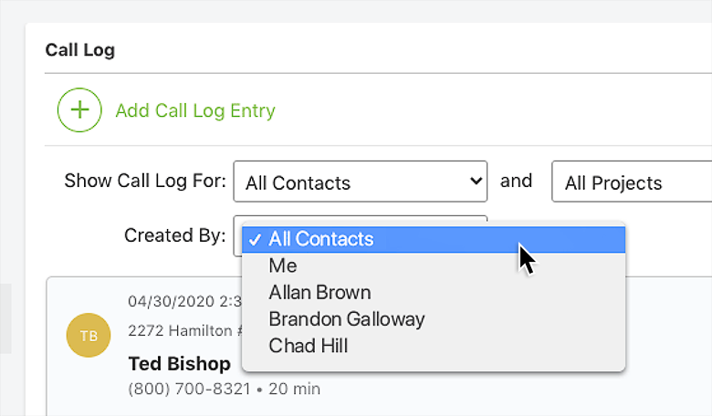 Filter Call Logs by Contact and Project