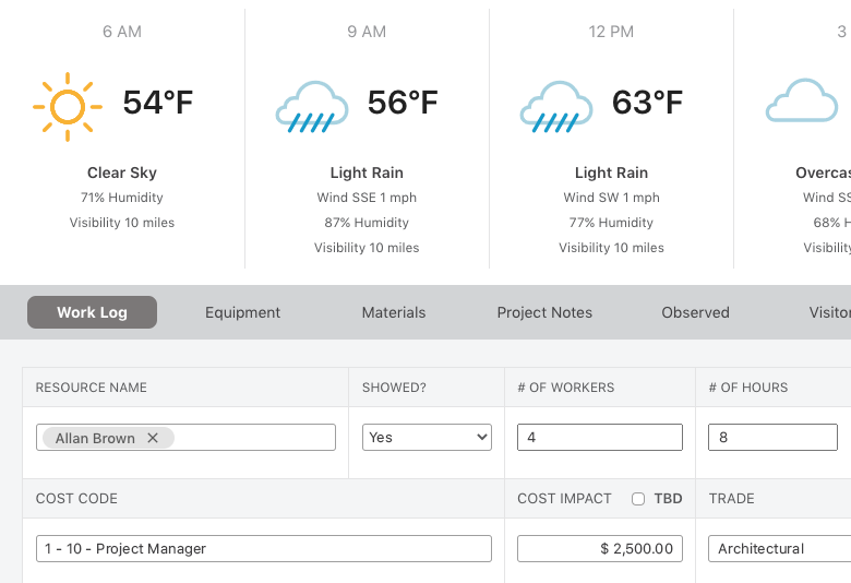 Construction Daily Logs with Automated Jobsite Weather Tracking