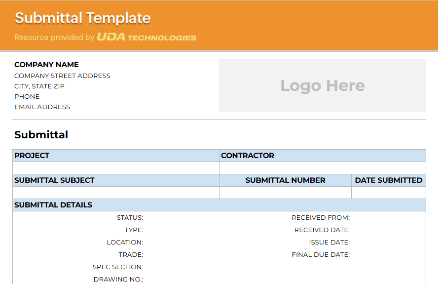 Construction Submittal & Log Template - ConstructionOnline Free Resource