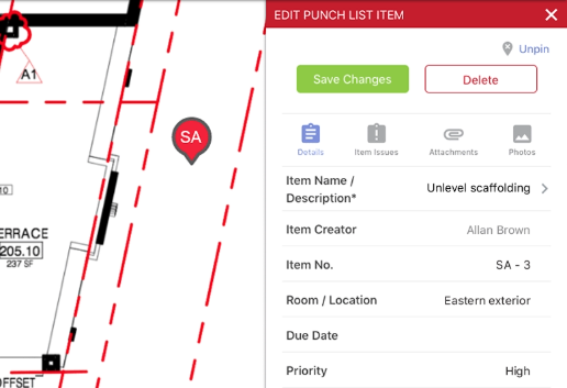 Pin tasks, change orders, RFIs, and more to your sheets