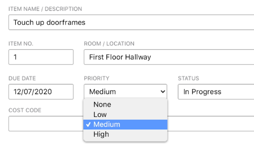 Track punch list priority,  status, and percentage complete