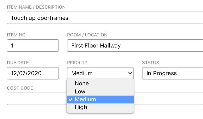 Track punch list priority,  status, and percentage complete