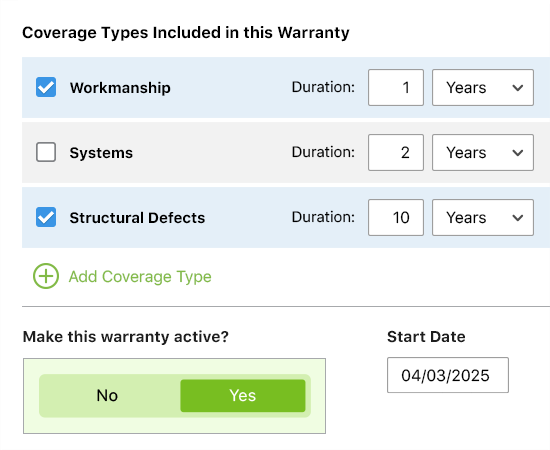 Flexible construction warranty management software that supports any coverage types