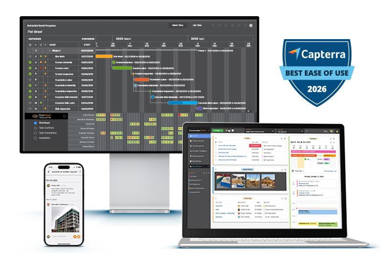 ConstructionOnline construction management software displayed across desktop, laptop, and mobile devices, featuring project scheduling, financial tracking, and project management tools.