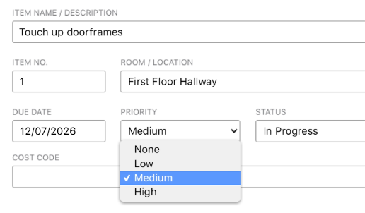 Track punch list priority,  status, and percentage complete